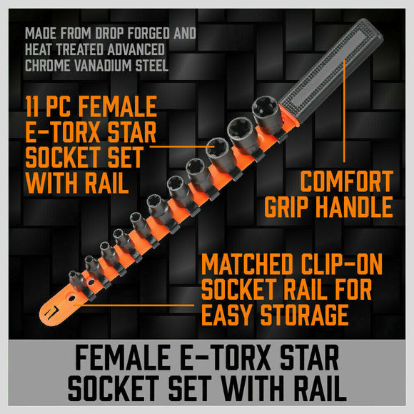 11Pc E-Torx Socket Set Female External Star Type E4-E20 3/8" 1/4" Dr. With Rail