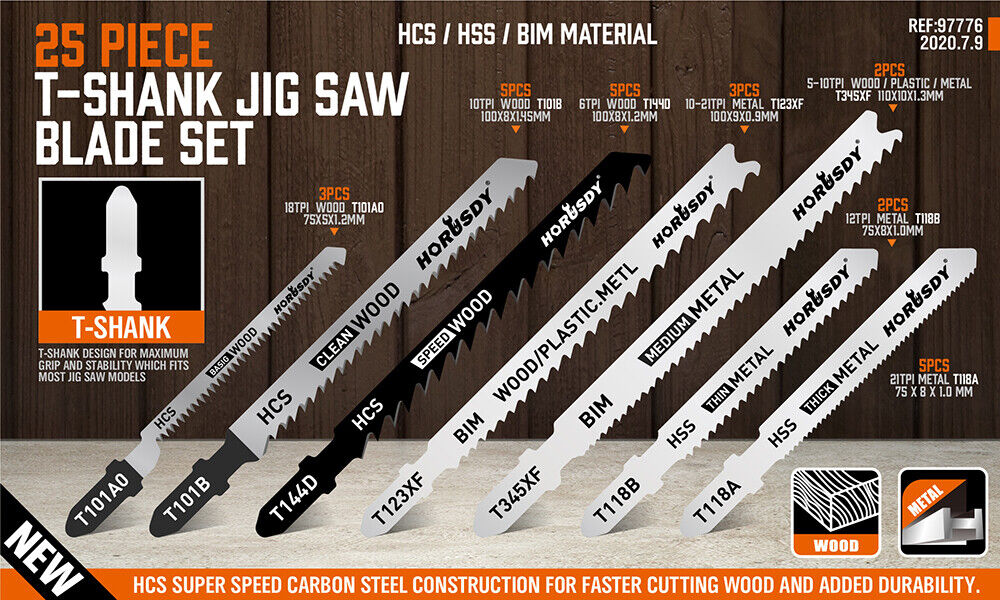25Pc T-shank Jig Saw Blades Set For Wood Plastic Metal Sheet Cutting BIM HSS HCS - 0