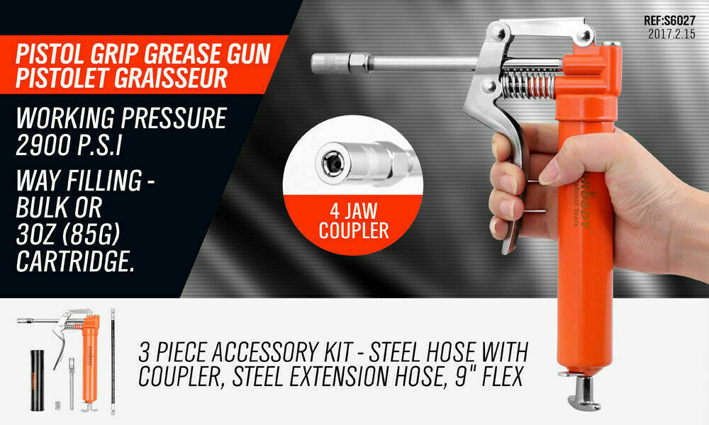 2-WAY Mini Grease Gun Manual Pistol Grip With 3OZ Cartridge Flexi Hose & Coupler - 0