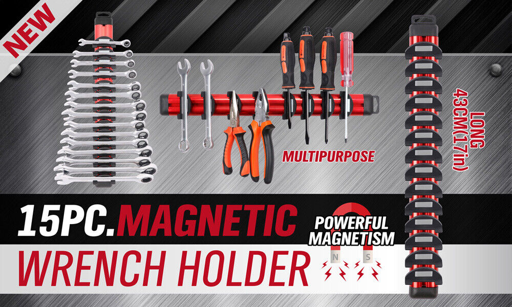 Magnetic Spanner Holder Aluminum 15 Wrench Rack Tool Screwdriver Organizer Red - 0