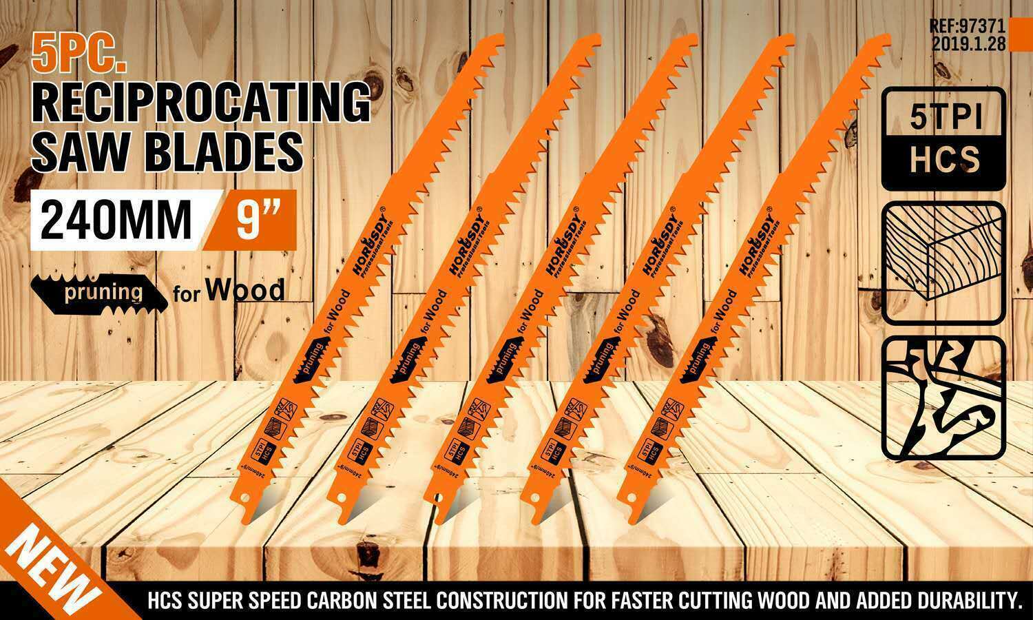 5Pc 9" / 240mm Reciprocating Saw Blades 5TPI Wood Timber Pruning Tool W/T Case - 0