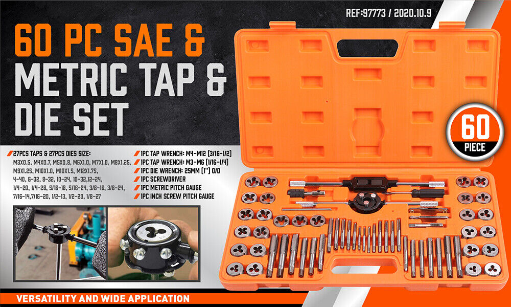 60Pc Tap And Die Set Metric Imperial Screw Screwdriver Thread Drill Pitch Gauge - 0