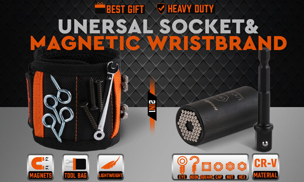 Magnetic Wristband & Universal Socket Grip 7-19mm Magnets Screws Nails Holder - 0