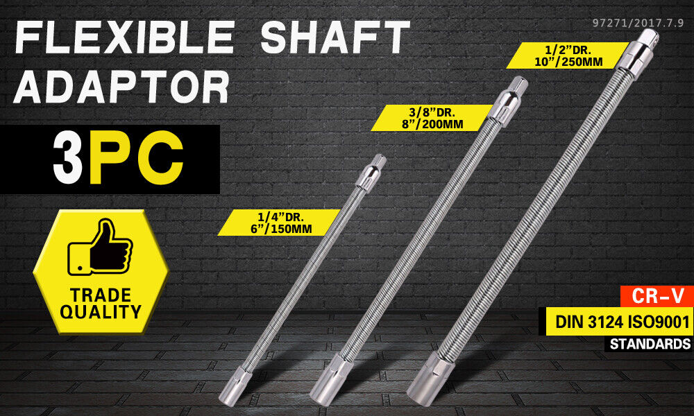 3PC Flexible Socket Extension Bars Shaft Set 1/2" 1/4" 3/8" Drive 10" 8" 6" Long - 0