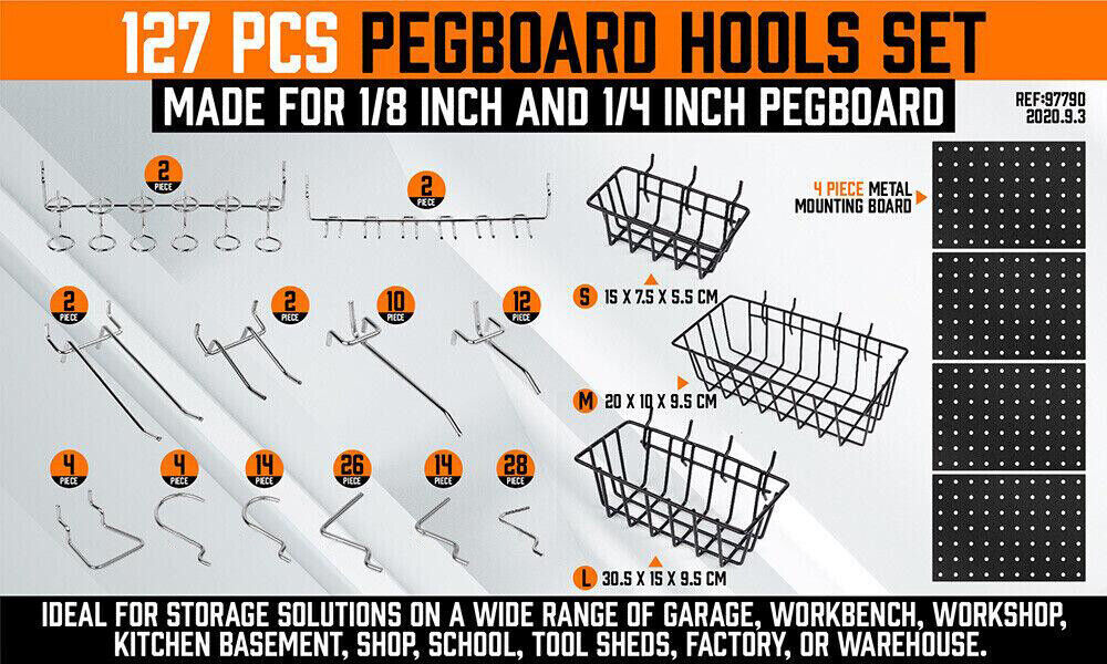 127Pc Pegboard Hooks Set Storage Baskets Organizer Hanger Inc. 4 Small Peg Board