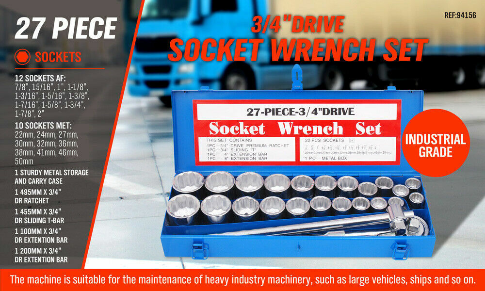 27Pc Heavy Duty Socket Wrench Set 3/4" Drive Metric & Imperial Extension Case - 0