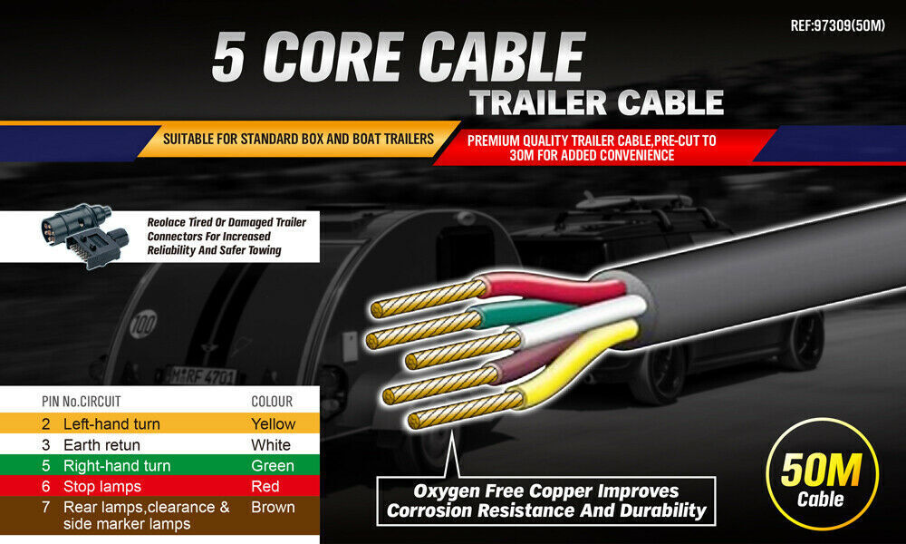 50M x 5 Core Wire Cable Trailer Cable Automotive Boat Caravan Truck Coil V90 PVC - 0