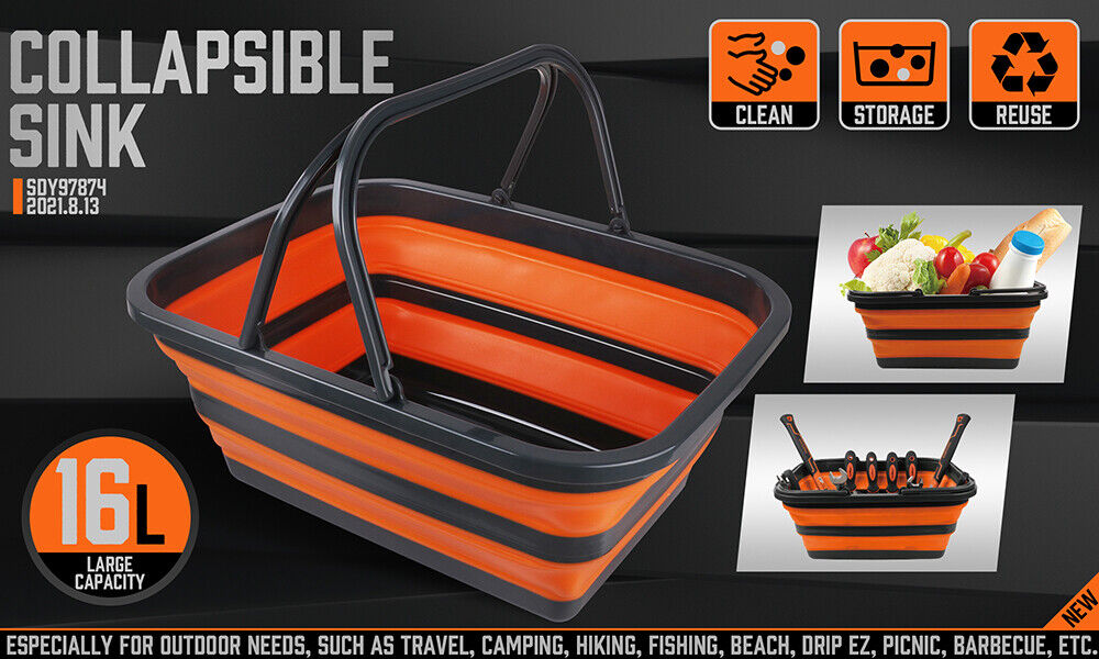 Adjustable Collapsible Sink 16L Large Portable Basket Wash Basin Outdoor Camping - 0
