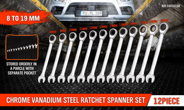 12Pc Ratchet Spanner Set Metric Open & Ring Wrenches 8-19mm CR-V + Rolling Bag - 0