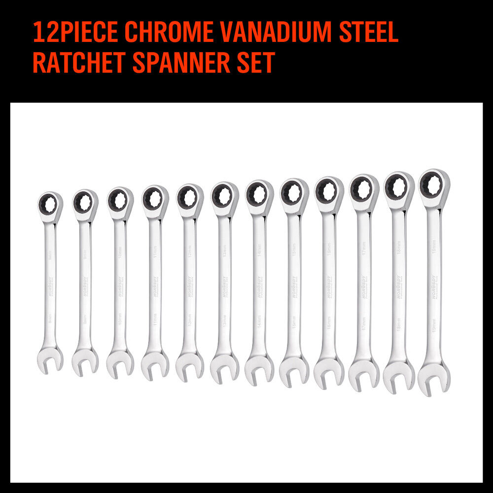 12Pc Ratchet Spanner Set Metric Open & Ring Wrenches 8-19mm CR-V + Rolling Bag