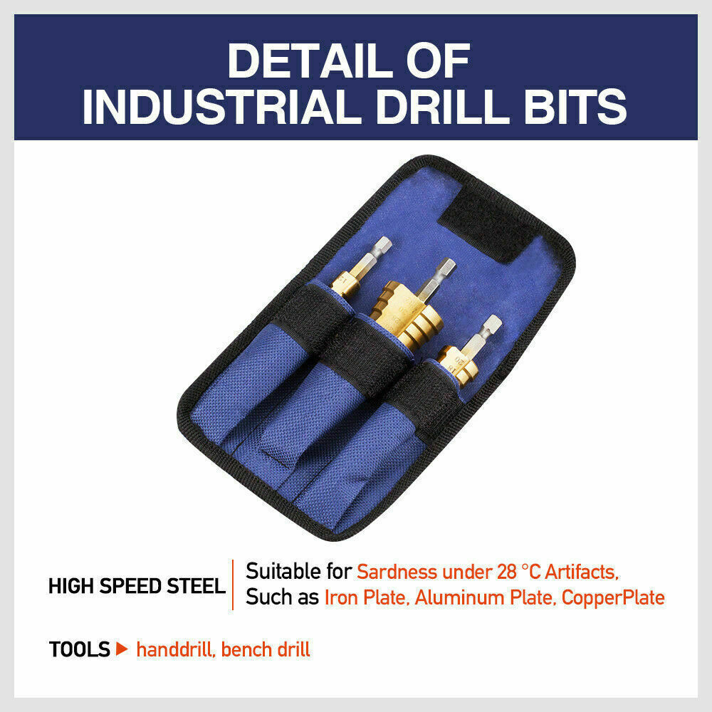 HSS 3pcs Steel Step Cone Set Drill Titanium Bit Hole Cutter 4-12/20/32mm Pouch
