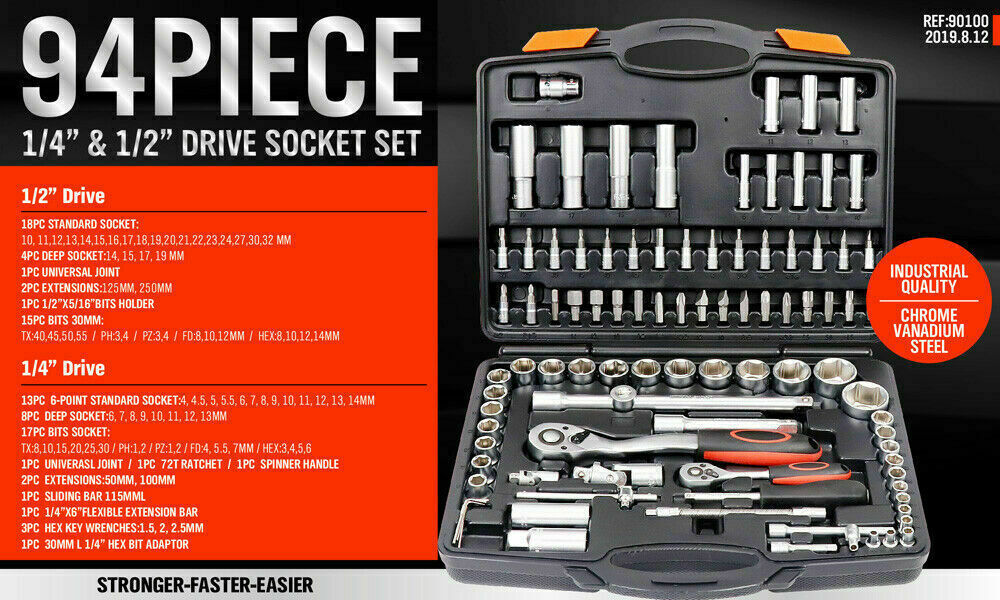 94Pc Socket Ratchet Wrench Set Screwdriver Bits Extension Torx Hex 1/4" 1/2" Dr. - 0