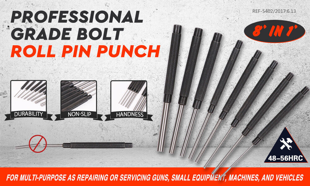 8Pc Heavy Duty Long Pin Punch Set 2.4 to 10mm Drift Roll Nail Steel Flat End New - 0