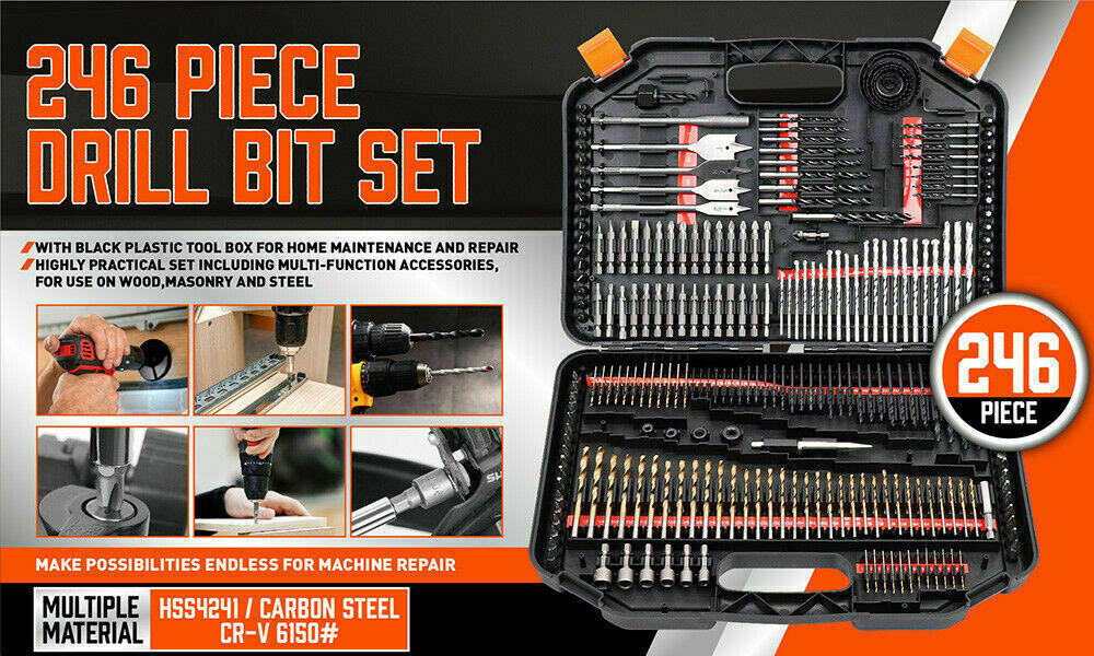 246Pc Combination Drill Bits Set Wood Hole Saw Metal Cement Screwdriver Drilling