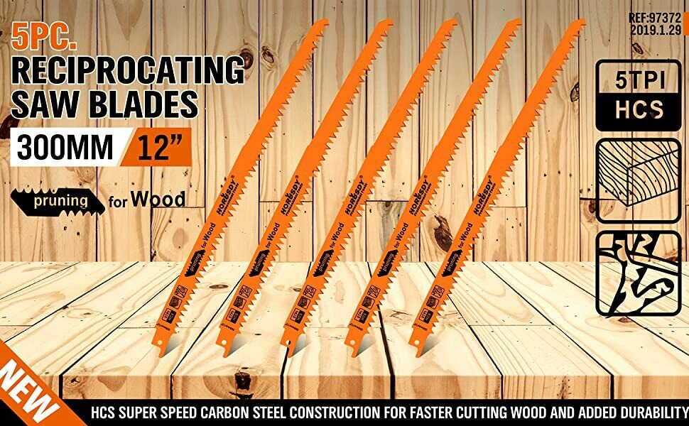 5Pc 300mm Reciprocating Saw Blades 5TPI Wood Timber Pruning Tool W/T Case - 0