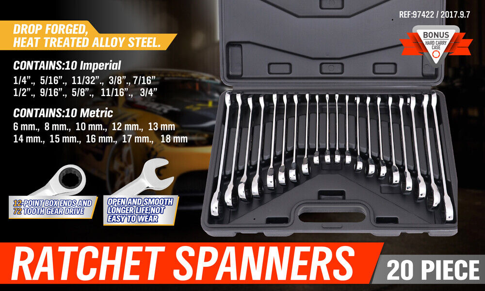 20Pc Ratchet Spanner Set Metric & Imperial Combination Wrench Open End Ring CR-V - 0