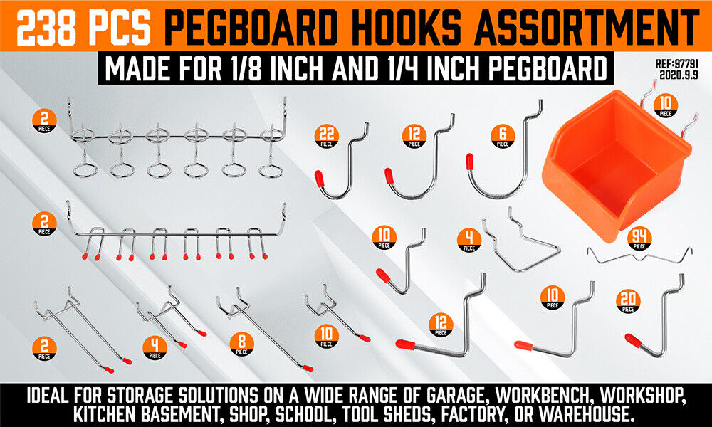 238Pc Pegboard Hooks Set Peg board Bins Parts Storage Assortment Tools Organiser - 0