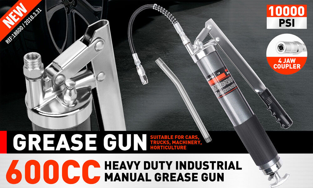 Heavy Duty 600cc Manual Grease Gun Flexible Hose Coupler 10000PSI Oiling Tools - 0