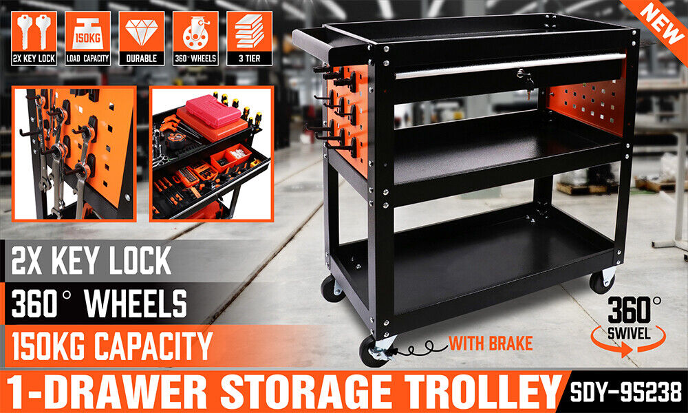 3-Tier Drawer Tool Storage Trolley Workshop Cart Steel Chest w/t Pegboard Hooks - 0
