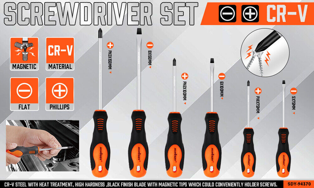 HORUSDY 6Pc Magnetic Screwdriver Set Non-slip Handle Phillips Slotted Tool New - 0