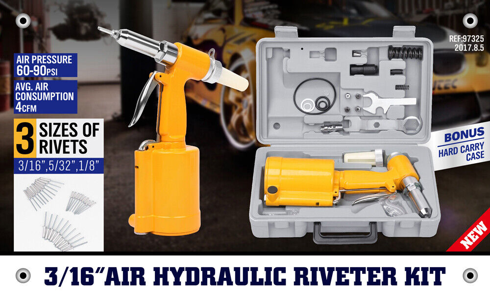 Air Hydraulic Pop Rivet Gun Pneumatic Riveter Industrial 4-Size Set With Case - 0