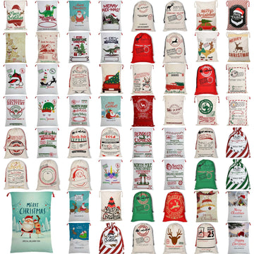 50x70cm Canvas Hessian Christmas Santa Sack Xmas Stocking Reindeer Kids Gift Bag, Cream - Snowflakes Santa - 0