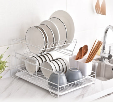 2 Tier Dish Drainer with Cutlery Holder White - 0