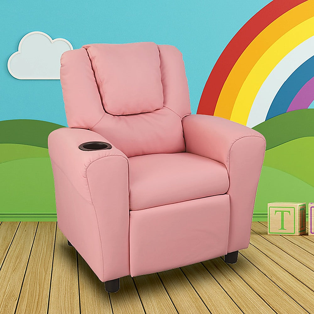 PU Leather Kids Recliner with Drink Holder - 0