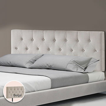 Linen Fabric Queen Bed Deluxe Headboard Bedhead - Beige - 0