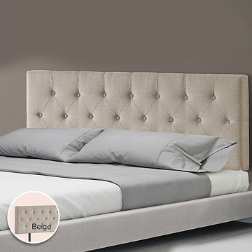 Linen Fabric King Bed Deluxe Headboard Bedhead - Beige - 0