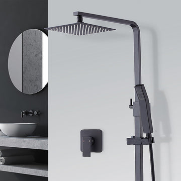 WELS 8" Rain Shower Head Set Square Dual Heads Faucet High Pressure With Mixer - 0