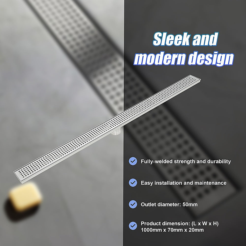 1000mm Bathroom Shower Stainless Steel Grate Drain w/Centre outlet Floor Waste Square Pattern