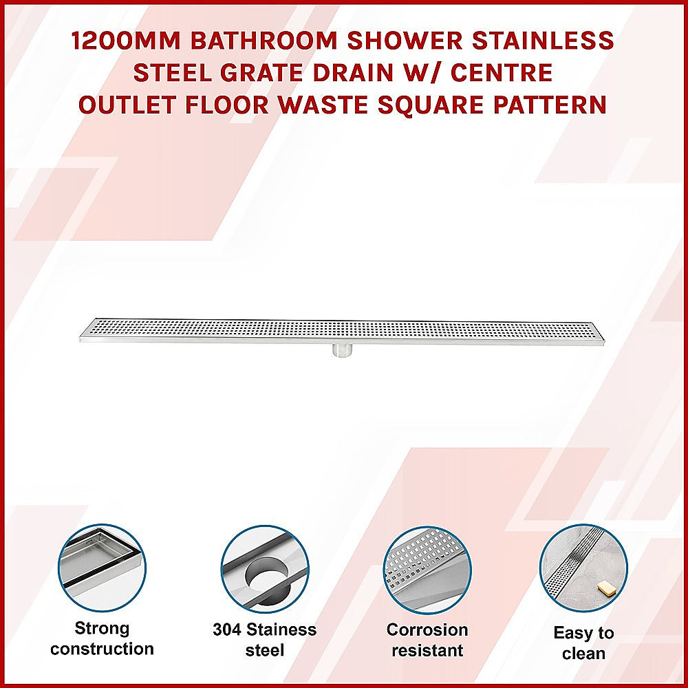 1200mm Bathroom Shower Stainless Steel Grate Drain w/Centre outlet Floor Waste Square Pattern