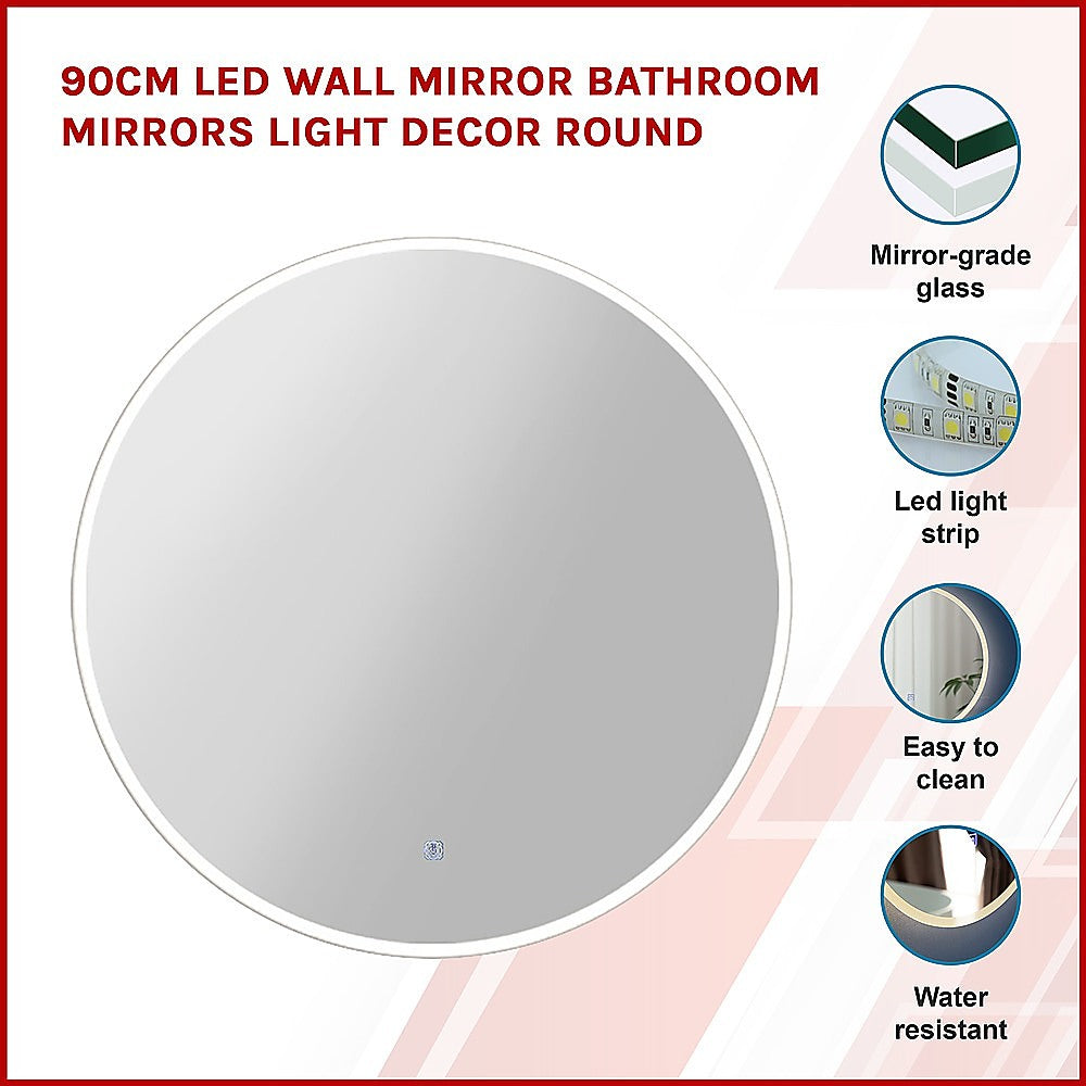 90cm LED Wall Mirror Bathroom Mirrors Light Decor Round - 0