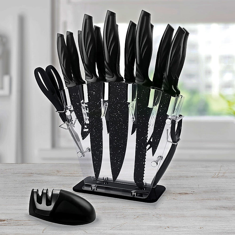 Kitchen 17 Pc Knife Set w/ Block & Sharpener Chef Bread Steak Knives - 0