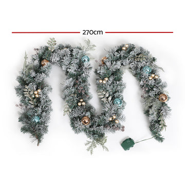 Jingle Jollys 2.7m Christmas Garland with LED Lights Snowy Decoration Xmas Party - 0