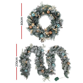 Jingle Jollys 2.7m Christmas Garland with Wreath Set LED Lights Snowy Xmas Decor - 0