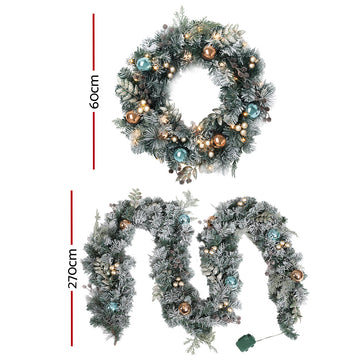 Jingle Jollys 2.7m Christmas Garland with Wreath Set LED Lights Snowy Xmas Decor - 0