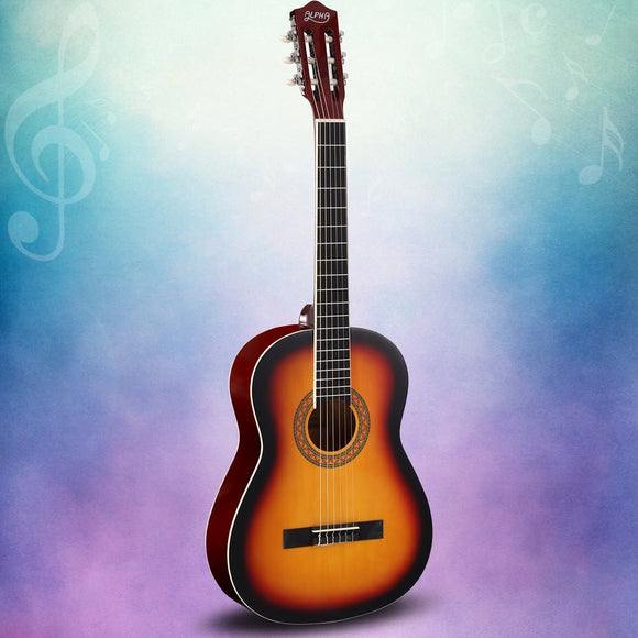 Alpha 39 Inch Classical Guitar Wooden Body Nylon String Beginner Gift Sunburst - RnR Galore