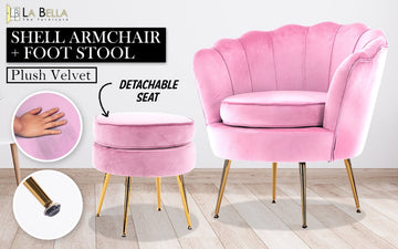 Armchair Lounge Chair Accent Velvet Shell Scallop + Round Ottoman Footstool PINK - RnR Galore