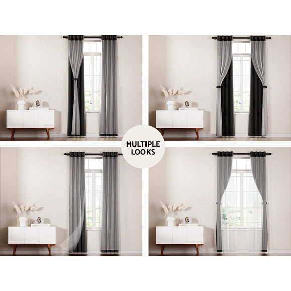 Artiss 2X 132x274cm Blockout Sheer Curtains Black - RnR Galore