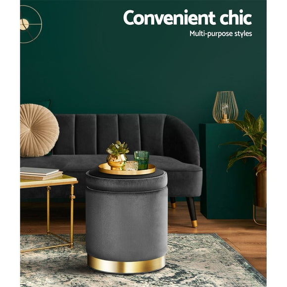 Artiss Ottoman Storage Foot Stool Round Velvet Charcoal - RnR Galore