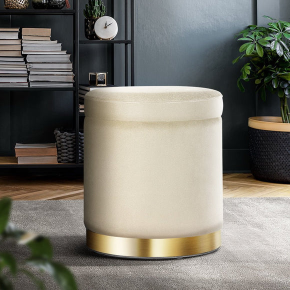 Artiss Ottoman Storage Foot Stool Round Velvet Cream - RnR Galore