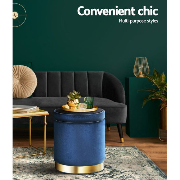 Artiss Ottoman Storage Foot Stool Round Velvet Navy - RnR Galore