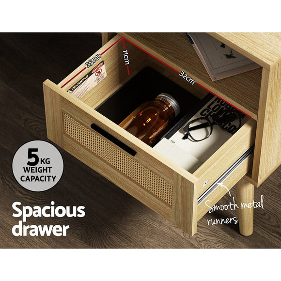 Artiss Rattan Bedside Table 1 Drawer with Shelf - REI Oak - RnR Galore
