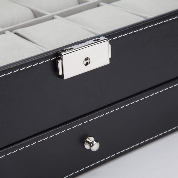 Black Leather Watch Box Jewelry Display Case with Drawers (12 Slots with 2 Layers) - RnR Galore