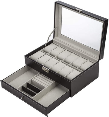 Black Leather Watch Box Jewelry Display Case with Drawers (12 Slots with 2 Layers) - RnR Galore