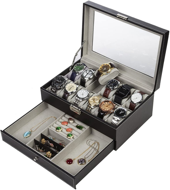 Black Leather Watch Box Jewelry Display Case with Drawers (12 Slots with 2 Layers) - RnR Galore