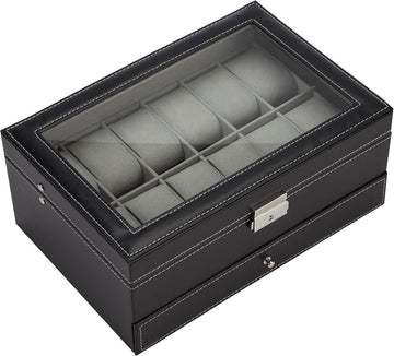 Black Leather Watch Box Jewelry Display Case with Drawers (12 Slots with 2 Layers) - RnR Galore