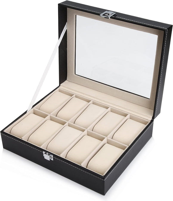 Black PU Leather Watch Organizer Display Storage Box Cases for Men & Women (10 slots) - RnR Galore